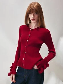 SHEIN Women's Cardigan Slim Fit Textured Knit Pearl Buttons Ruffle Cuffs Round Neck Elegant Red Solid Sweater Cardigan For Women Knit National Day - Burgundy - View 2