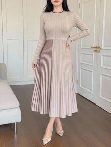 DAZY Women's Elegant Ribbed Contrast Color Pleated Long Sleeve Sweater Dress Winter - Apricot - View 6