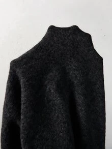 SHEIN 秋冬女款單肩針織鬆垮毛衣，寬袖寬鬆版型，柔軟舒適保暖針織衫 - 黑色 - 查看 4