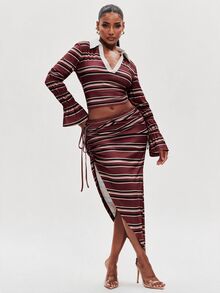 NYA SZN 女款設計師條紋拼接上衣與不對稱下擺裙套裝 - 紅色 - 查看 3