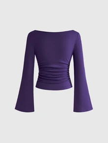 ROMWE Goth Sexy Boat Neck Bell Sleeve Basic Solid Color Fitted Women's T-Shirt - Purple - View 2