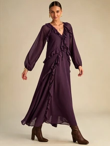 Enchnt Chocolate Brown 's Elegant Ruffle V-Neck Lantern Sleeve Long Dress, Autumn Holiday Outfits,Chic For Brunch VacationDaily Commute,Summer - Purple - View 6
