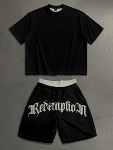 StoneGrade Men's Curved Gothic Font Classical Plaster Angel Fashion Print Drop Shoulder Loose Fit Short Sleeve T-Shirt And Double Waistband Short Sweatpants Set - Black - View 2