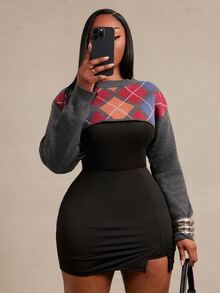 SHEIN SXY Plus Size Women's Diamond Lattice Casual Daily Long Sleeve Sweater - Multicolor - View 3