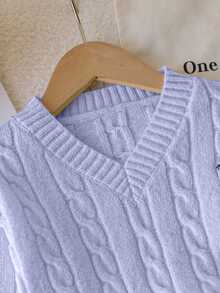 Young Girl Sweater, V-Neck Cable Knit Cropped Pullover, Long Sleeves, Light Purple, Embroidered Logo - Mauve Purple - View 6