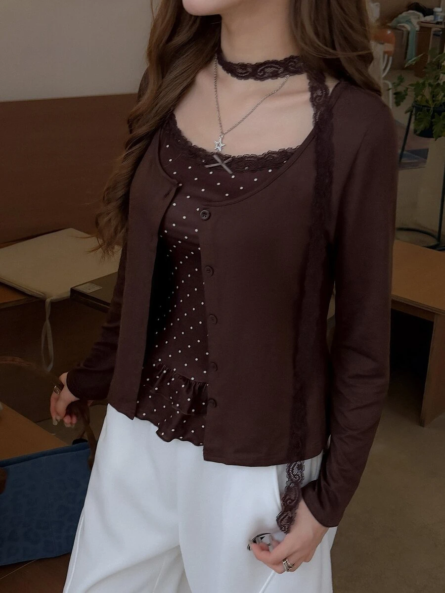 K-Vae 韓式溫柔棕色長袖開襟外套女款 初秋內搭荷葉邊波點細肩帶背心 2件套 - 咖啡棕 - 查看 1