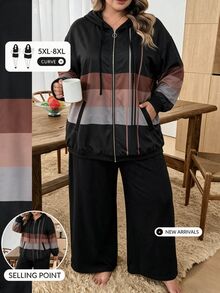 SHEIN CURVE+ Setelan Kasual 2 Potong Wanita Ukuran Besar dengan Jaket Berkerudung dan Tali Serut, Motif Blok Warna, Musim Gugur/Dingin 2026, Ukuran 5XL-8XL - Hitam dan Putih - View 5