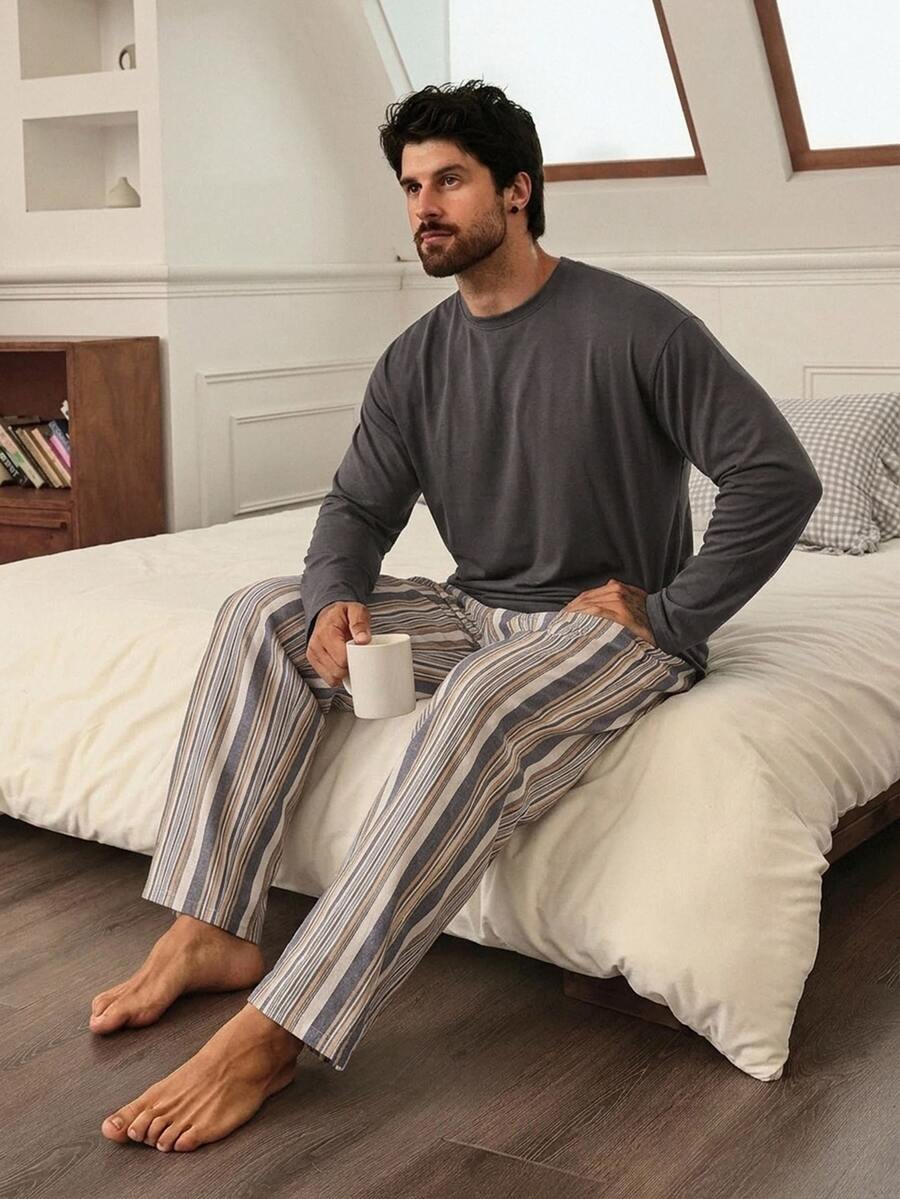 DAZY Set Pakaian Santai Pria Motif Kotak-kotak Vintage, Kaos Lengan Panjang Warna Polos Musim Semi/Gugur dengan Celana Panjang Pinggang Elastis - Grey - View 1
