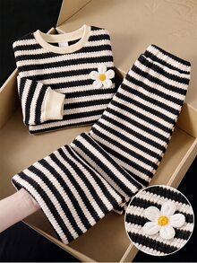 LMoss Kids 女童幼兒休閒條紋圓領長袖衛衣褲子2件套 - 黑色 - 查看 5