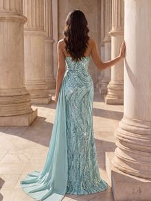 Coutiva Women's Patchwork Sequin Pleated Design Fashionable Elegant Strapless Evening Gown - Green - View 2