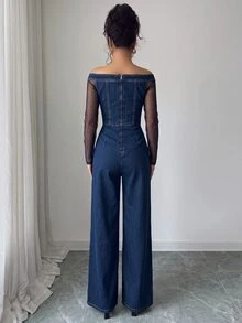 GlowEve Women's Asymmetrical Shoulder Mesh Patchwork Pleated Casual Everyday Denim Jumpsuit - Blue - View 3