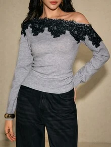 Poéselle Women's Autumn Grey Asymmetric Neckline Long Sleeve Lace Patchwork Sweater - Grey - View 4