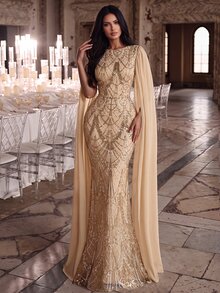 Elovaire Sequin Embellished Long Evening Gown, Elegant Formal Romantic Mermaid Silhouette Fall Wedding Prom Graduation Party Christmas Beige - Champagne - View 1