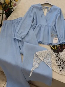 Franclia Soft Style Linen 2 Pieces Set, Summer V-Neck Frill Trim Sleeveless Top + High-Waist Drawstring Wide-Leg Pants - Blue - View 2