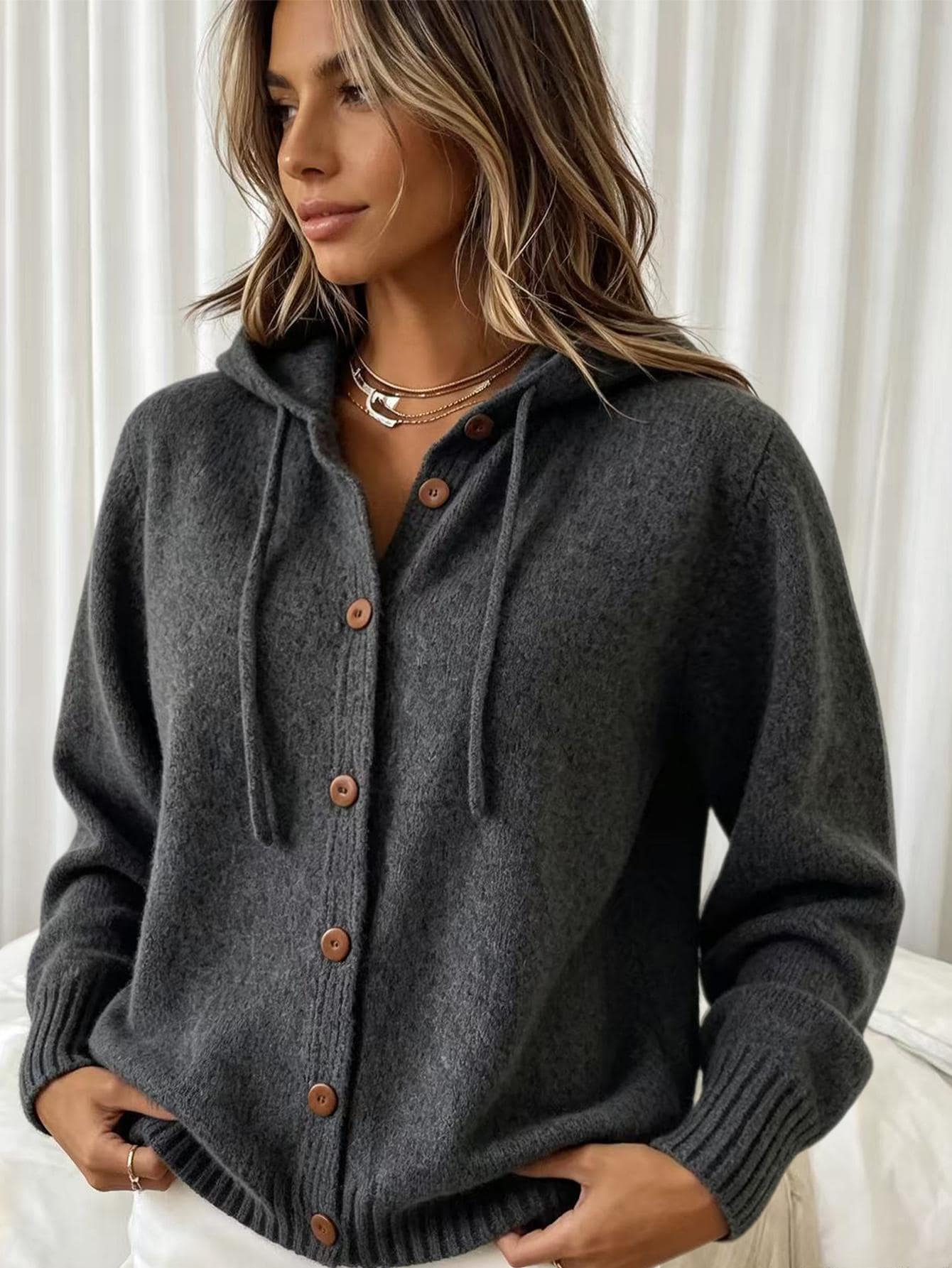 SHEIN LUNE CURVE Plus Size Women's Elegant Versatile Hooded Regular Shoulder Long Sleeve Button-Up Cardigan - Grey - View 1