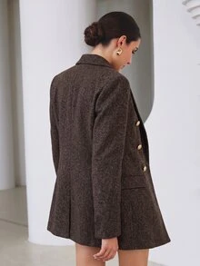 BELROSIE Women's Blazer Oversized Tweed Double Breasted Gold Button Notch Lapel Flap Pockets Elegant Dark Brown Plain Fall Clothes For Women Thanksgiving - Multicolor - View 3