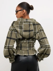 Maija Women's Plaid Double-Breasted Long Sleeve Hooded Trench Coat,Going Out Outfis - Green - View 4