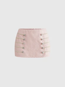 ROMWE Y2K Y3K Millennium Retro Hot Girl Napoleon Style Pink Tweed Low Waist Women's Skirt - Pink - View 1