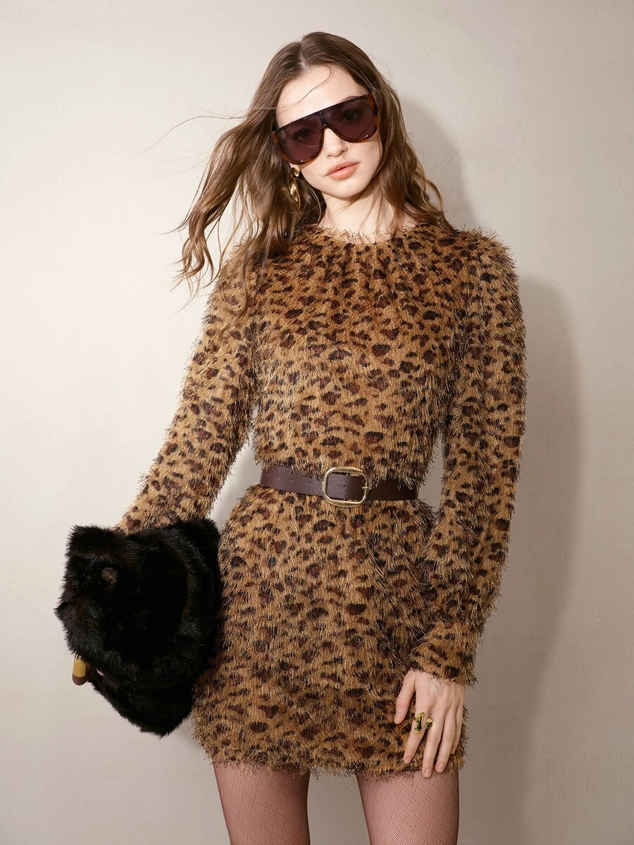MOTF PREMIUM LEOPARD PRINT FEATHER TASSEL BODYCON DRESS - Khaki - View 1