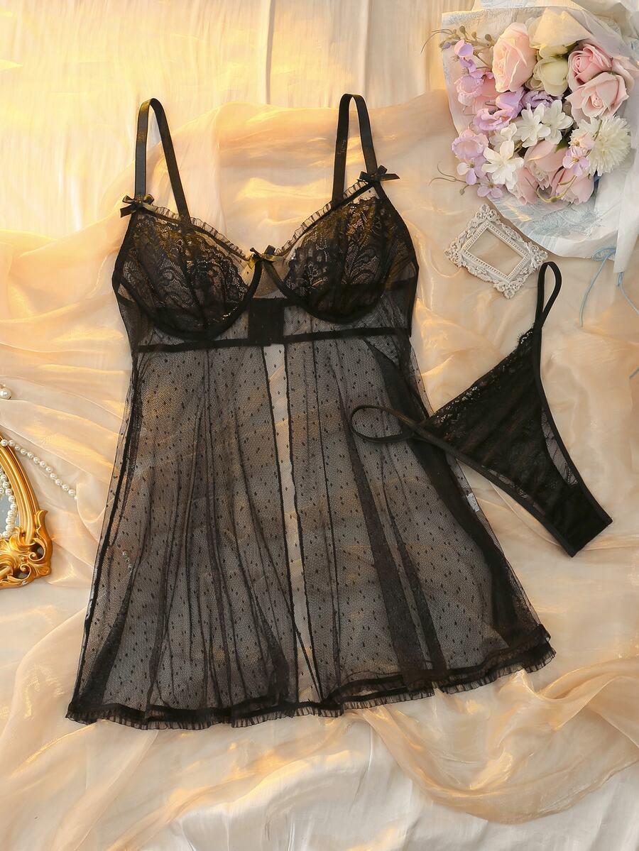 DelicateAllure Plus Size Women's Lace Cami Top And Thong Panty Sexy Lingerie Set - Black - View 1