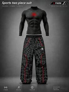RISE LYT Men's Spider Pattern Print Long Sleeve Top And Drawstring Waist Long Pants Sports Set - Multicolor - View 1