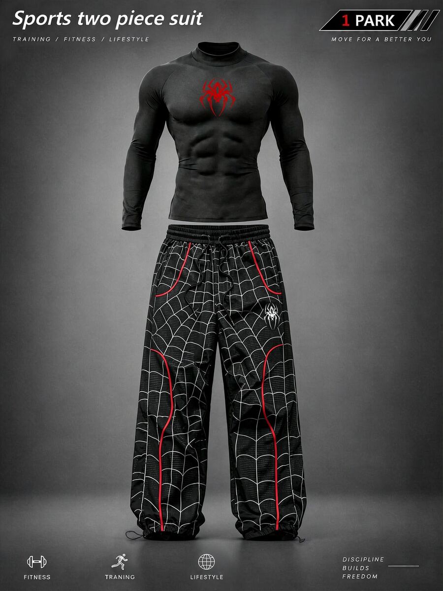 RISE LYT Men's Spider Pattern Print Long Sleeve Top And Drawstring Waist Long Pants Sports Set - Multicolor - View 1