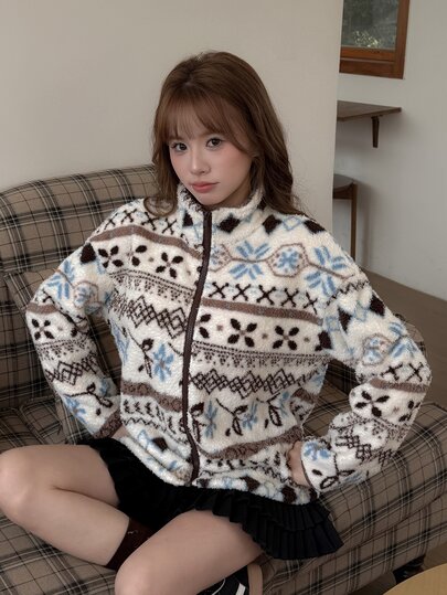 K-Vae Women's Vintage Fair Isle Jacquard Lamb Wool Fleece Jacket, Thickened Nordic Style Zipper Fleece Coat For Winter
