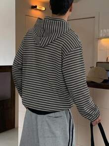 DAZY Spring/Autumn Black & Grey Striped Double Zipper Front Hooded Sweatshirt, Korean Style For Men - Multicolor - View 2