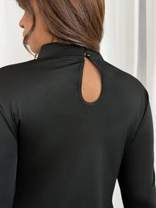GalTyme Plus Size Women's Solid Color Cheongsam Collar Long Sleeve Side Slit Hem Fitted Dress - Black - View 7