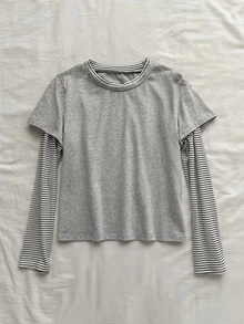 Attitoon Women's Patchwork Striped Long Sleeve 2 In 1 Casual T-Shirt - Grey - View 4