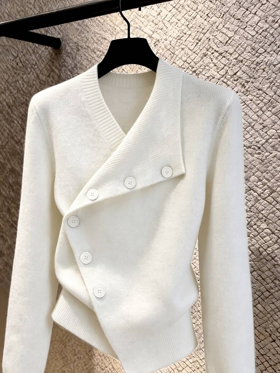 GlowEve Cardigan Wanita Asimetris Kancing Diagonal Depan Lengan Panjang dengan Hem Bergaris, Modis, Kasual, Serbaguna, Cocok untuk Kantor, Warna Abu-abu, Musim Gugur - Putih - View 1