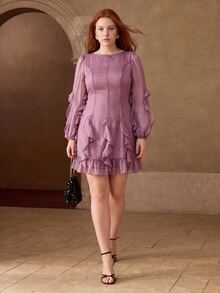 MOTF PREMIUM WOMEN'S PURPLE SHINY RUFFLE TRIM ELEGANT SHORT DRESS - Purple - View 1