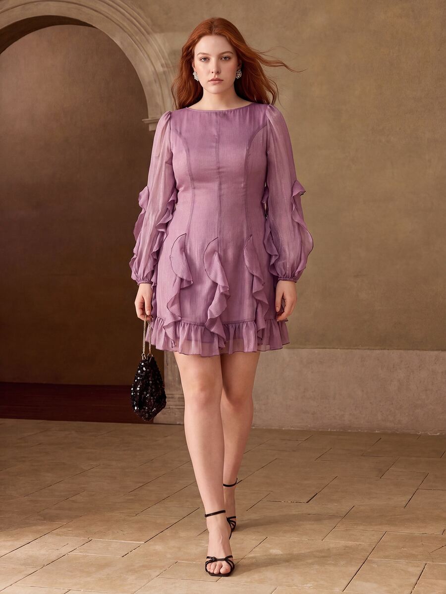 MOTF PREMIUM WOMEN'S PURPLE SHINY RUFFLE TRIM ELEGANT SHORT DRESS - Purple - View 1