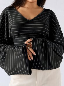 LYSMO Plus Size Women's Autumn/Winter Black & White Striped Flare Sleeve T-Shirt - Multicolor - View 4