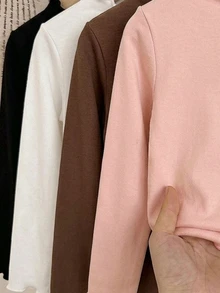 SHEIN Vintaside Kids 4件組少女針織花卉條紋印花荷葉領休閒長袖T恤上衣，適合秋冬穿著，返校季 - 彩色 - 查看 5