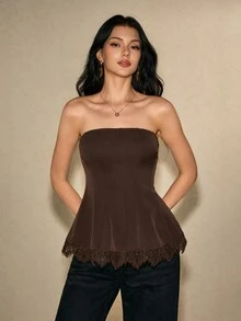 Poéselle Women's Solid Color Contrast Lace Hem Elegant Strapless Top,Dark Brown Top,Party Cocktail Going Out Top,Fall Winter 2026 - Coffee Brown - View 2