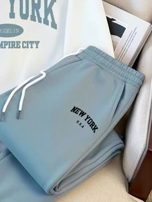 FROVYX White Hoodie And Light Blue Sweatpants Men's Sweatshirt Set, Simple Letter Design Suitable For Daily Casual Wear And Friends Gatherings - Multicolor - View 4