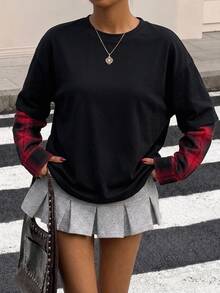 SHEIN 青少年女孩 T-Shirt 秋冬新款 2合1 黑色拼接格紋時尚圓領寬鬆長袖 T-Shirt 返校季街頭風 萬聖節聖誕節 - 黑色 - 查看 3