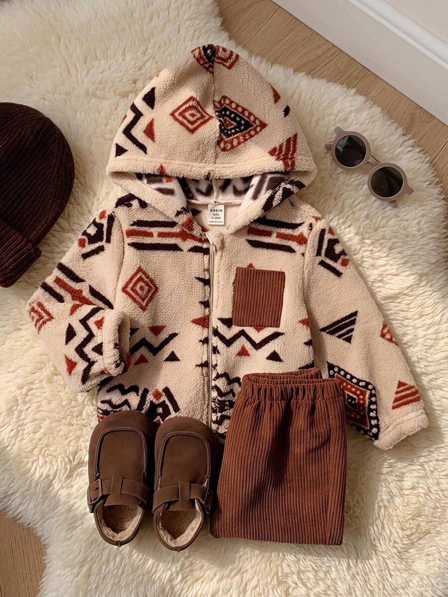 Baby Boy Pattern Fleece Lined Thick Crew Neck Long Sleeve Button-Up Jacket And Elastic Waist Long Pants 2 Pieces Set - Brown - View 1