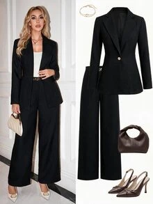 SHEIN Clasi 女款金屬鈕扣長袖西裝外套與寬鬆長褲兩件套 - 黑色 - 查看 1