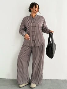 Firerie Brown Striped Plus Size Loose New Chinese Style Casual Set/Daily Streetwear Autumn 2 Pieces Set/New Chinese-Style Two Pieces Set / Autumn-Winter Outfit - Brown - View 7