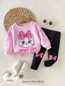 Cozy Pixies 女嬰針織特殊效果印花可愛卡通貓圖案衛衣與長褲兩件套 - 彩色 - 查看 3