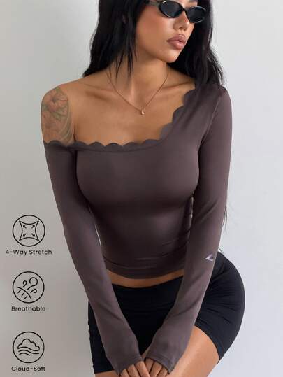 Coolane Top Esportivo Feminino com Acabamento em Recorte de Concha, Um Ombro, Manga Longa, Ajuste Slim, Camiseta de Yoga e Treino Elástica, Top Athleisure para Academia, Fitness e Saídas