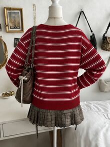 Lalippa Women's Casual Solid Color V-Neck Knit Sweater - Red - View 2
