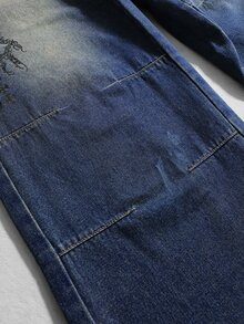 ROMWE MEN Street Life Men's Wide Leg Jeans With Pocket, Letter Pattern, Gradient Color And Distressed Wash - Blue - View 4