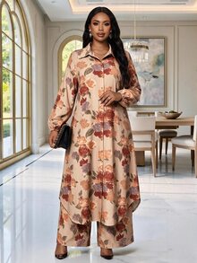 SHEIN Lady Plus Size Women's Floral Print Long Sleeve Top And Pants Casual Daily 2 Pieces Set Fall - Multicolor - View 3