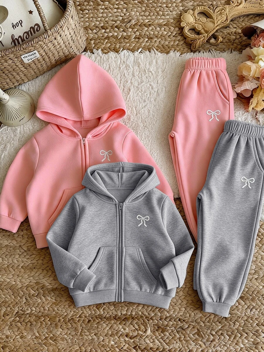 SHEIN LMoss Kids 買1送1,2件組女孩純色連帽寬鬆休閒衛衣,度假風,休閒學院風,適合秋冬,日常穿著 - 彩色 - 查看 1