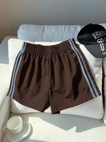 Comfortcana Women's Elastic Waist Striped Casual Shorts - Brown - View 3