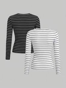 SHEIN EZwear 2件組女款條紋圓領長袖休閒T恤 - 彩色 - 查看 2