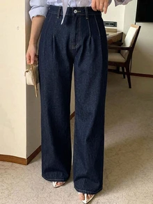 Dazy Plus High Waist Washed Blue Pleated Wide Leg Jeans, Loose Fit Versatile Long Pants, All Season Style Going Out Office Casual Fall - Dark Wash - View 1
